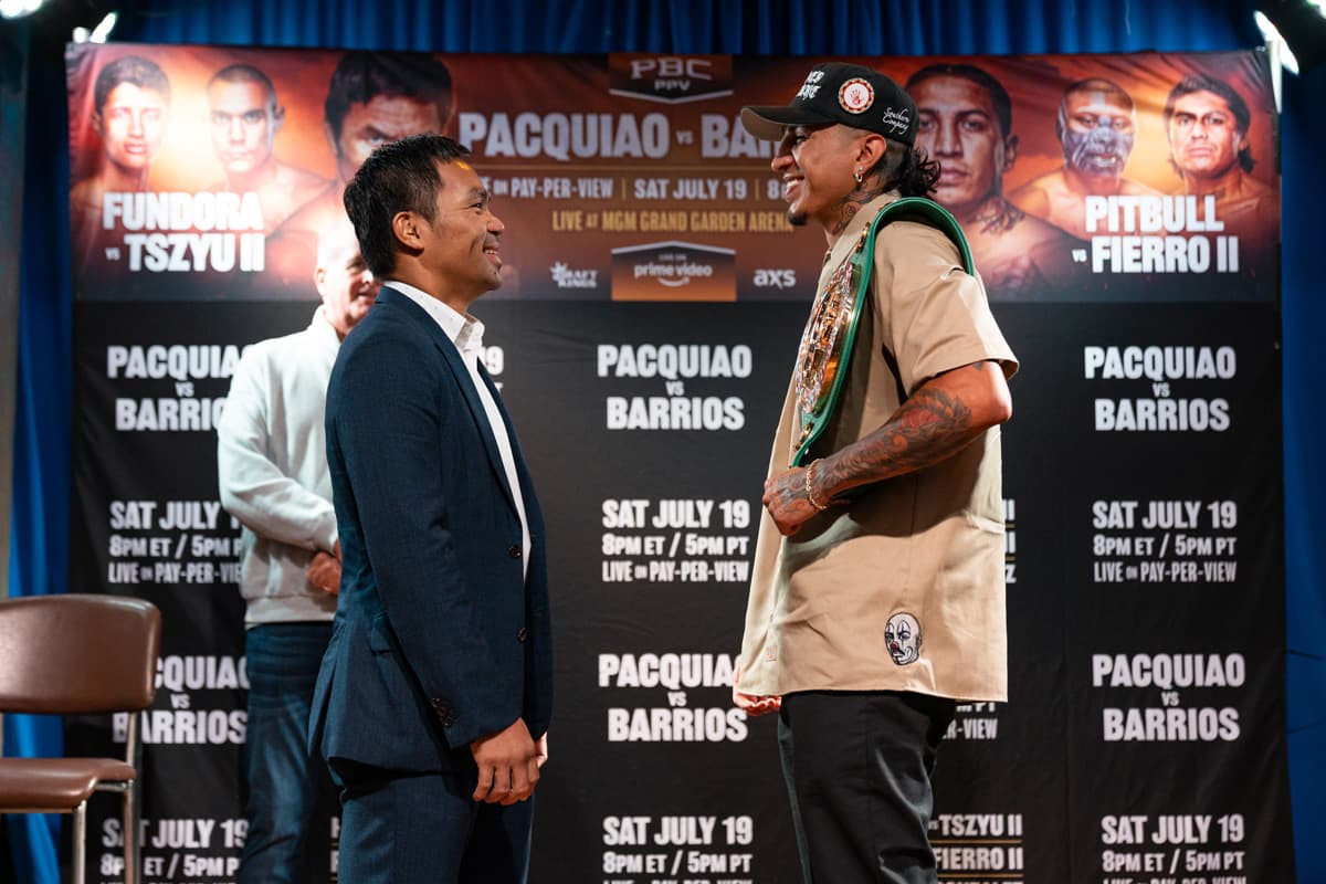 Mario Barrios and Manny Pacquiao face each other at the press conference