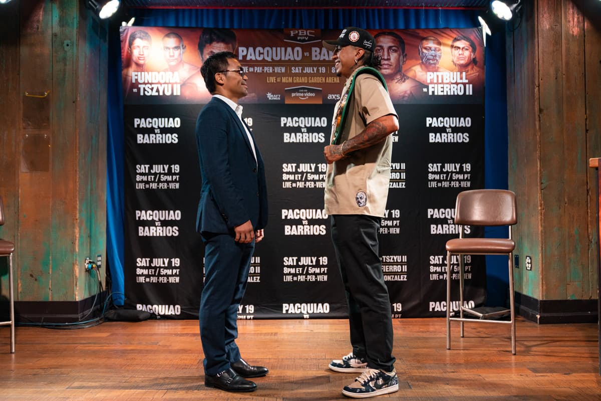 Mario Barrios and Manny Pacquiao face each other at the press conference