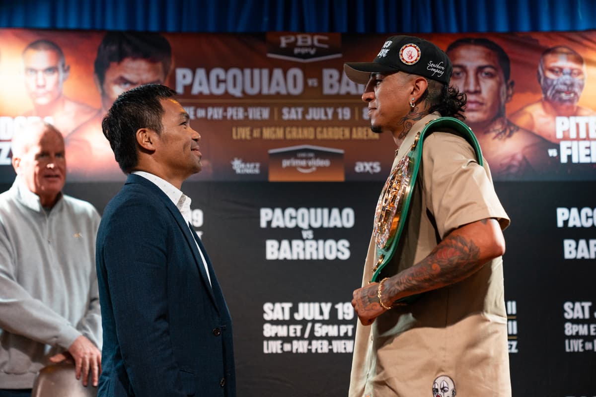 Mario Barrios and Manny Pacquiao face each other at the press conference