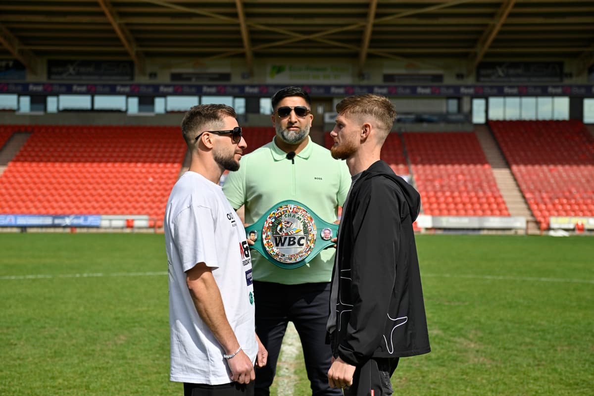 Maxi Hughes and Archie Sharp at Doncaster Stadium ahead of their boxing bout