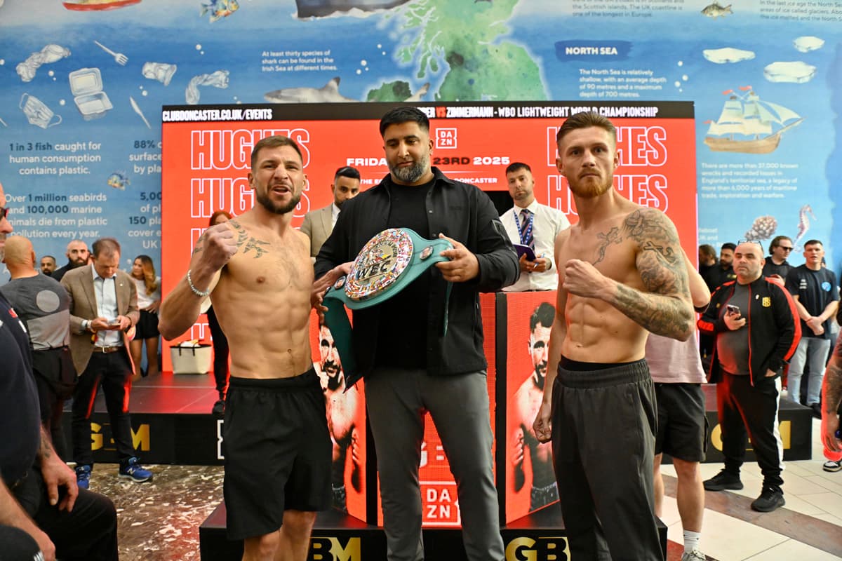 Maxi Hughes and Archie Sharp at the weigh-in ahead of their boxing bout in Doncaster