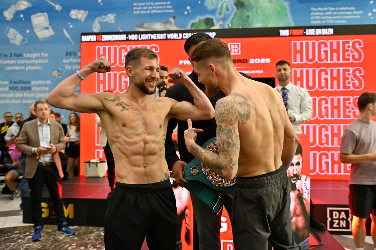 Maxi Hughes and Archie Sharp at the weigh-in ahead of their boxing bout in Doncaster