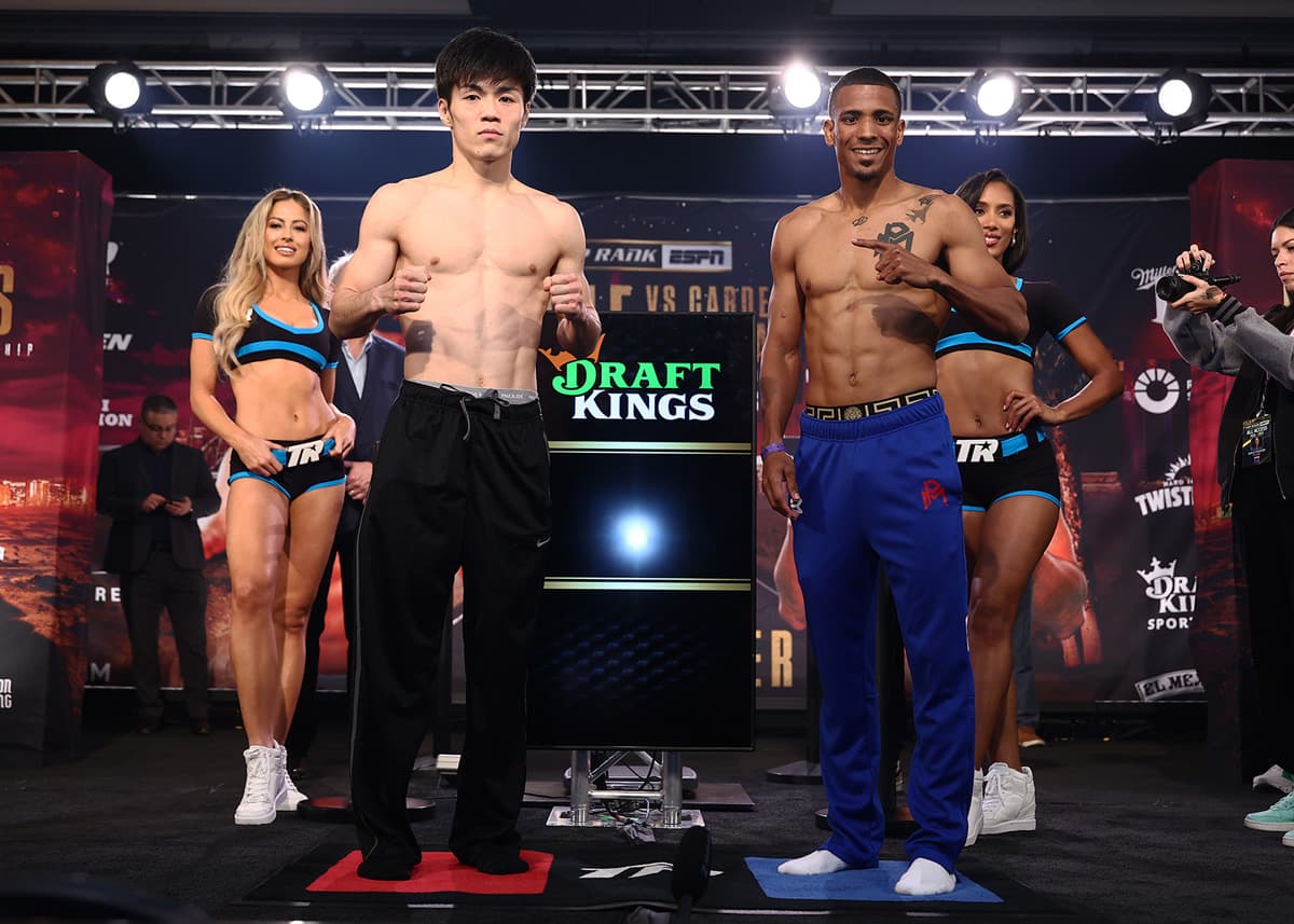 Mikito Nakano and Pedro Marquez at the weigh-in ahead of their boxing bout in Las Vegas