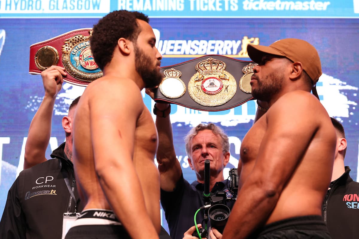 Moses Itauma and Mike Balogun at the weigh-in ahead of their boxing bout in Glasgow, Scotland