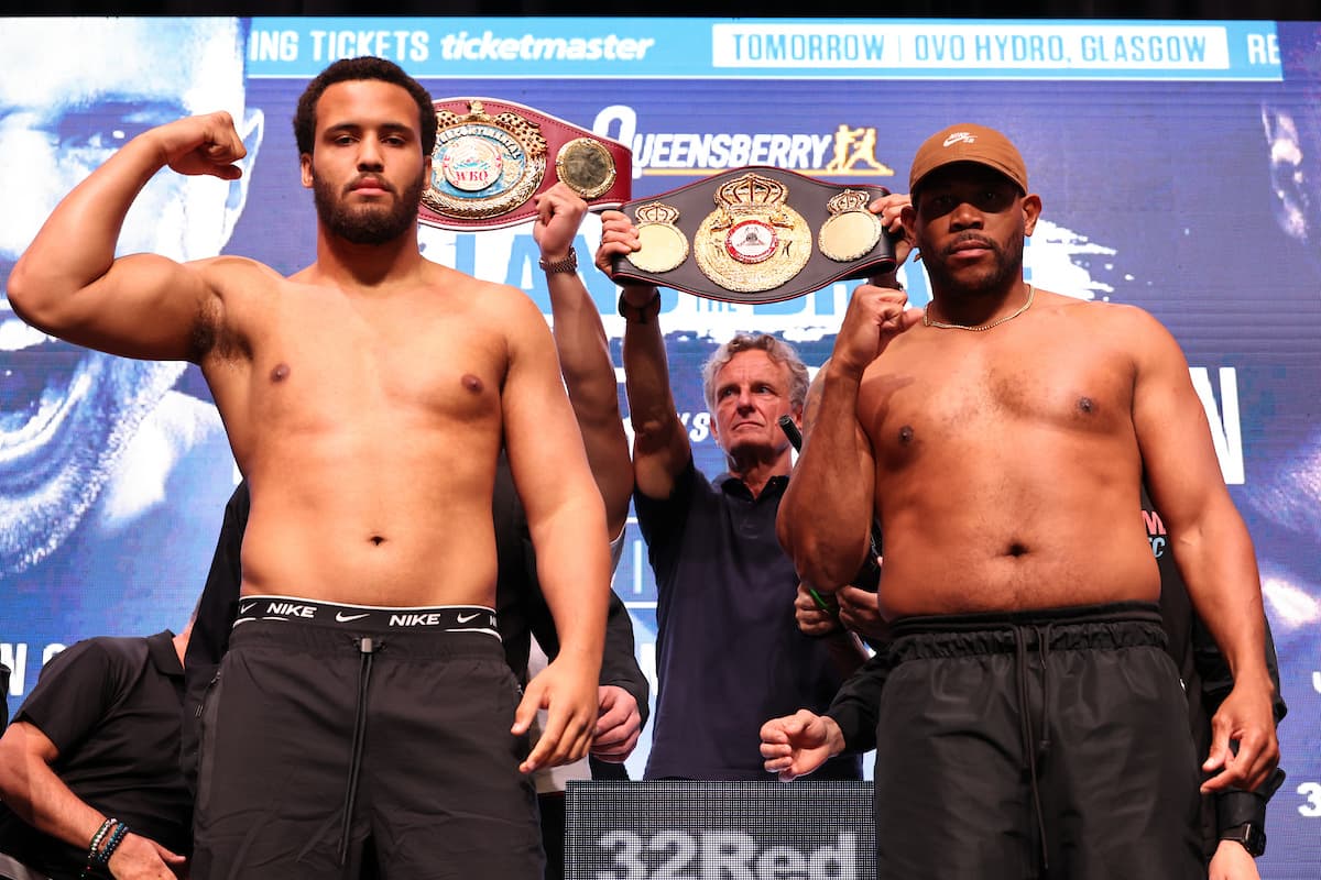 Moses Itauma and Mike Balogun at the weigh-in ahead of their boxing bout in Glasgow, Scotland