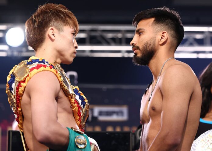 Naoya Inoue and Ramon Cardenas come face-to-face at the weigh-in, ahead of their boxing bout in Las Vegas