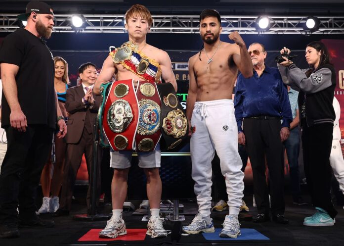 Naoya Inoue and Ramon Cardenas at the weigh-in ahead of their boxing bout in Las Vegas