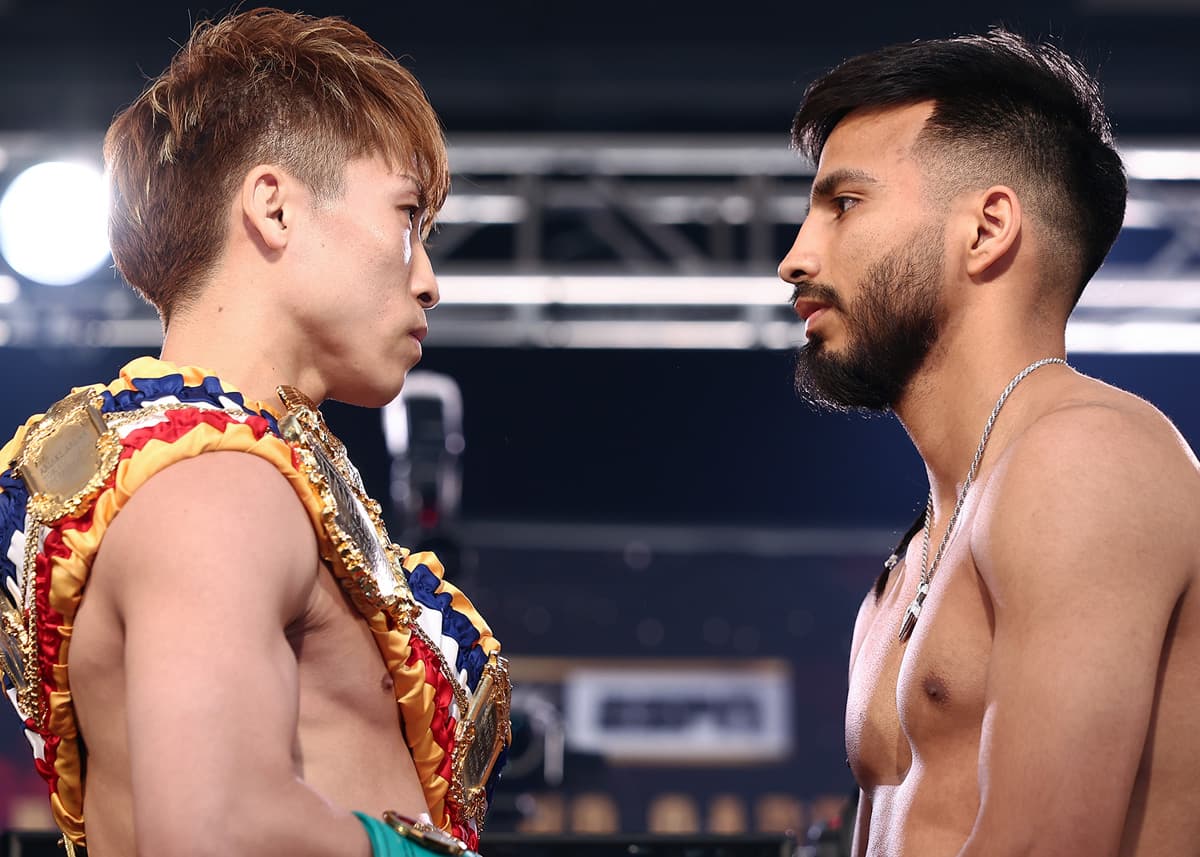 Naoya Inoue and Ramon Cardenas at the weigh-in ahead of their boxing bout in Las Vegas