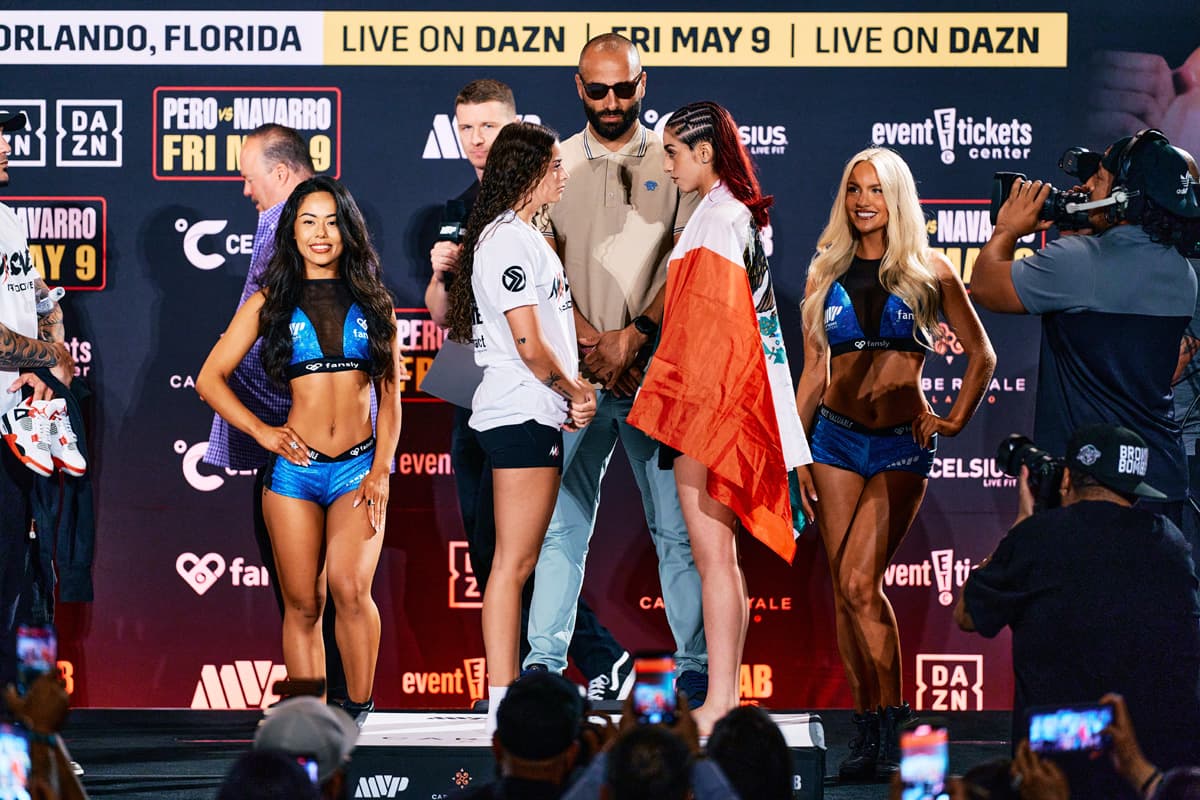 Natalie Dove and Nayeli Rodriguez face off at the MVP 12 weigh-in ahead of their bout in Orlando