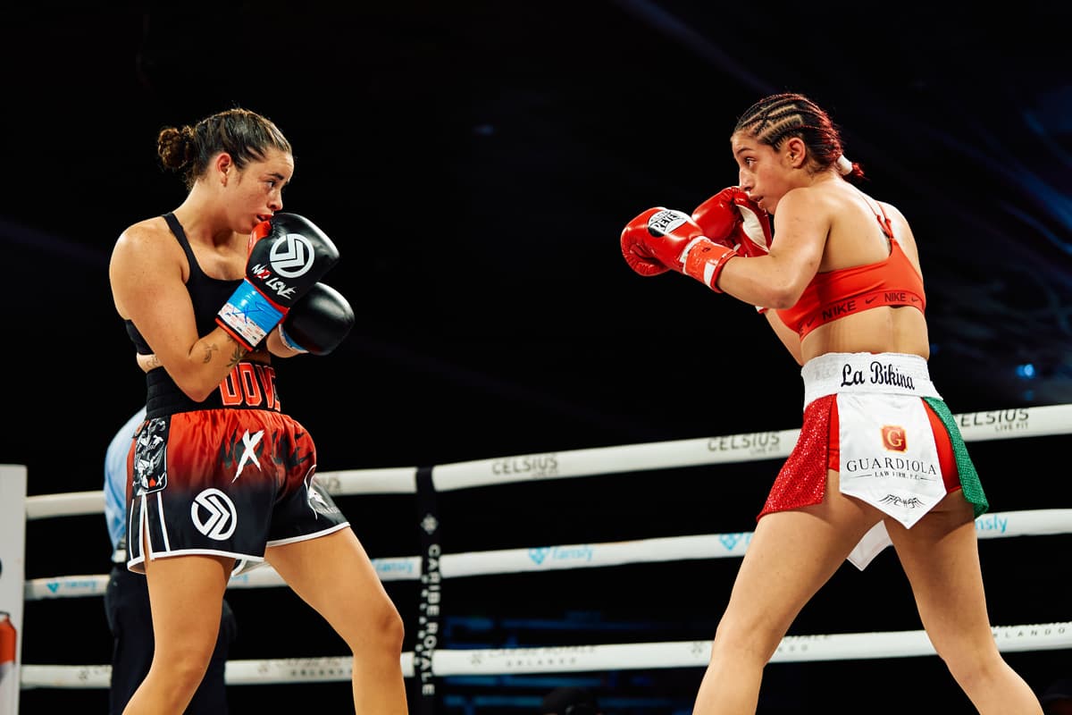 Natalie Dove and Nayeli Rodriguez during their boxing bout at Most Valuable Prospects 12 in Orlando, Florida