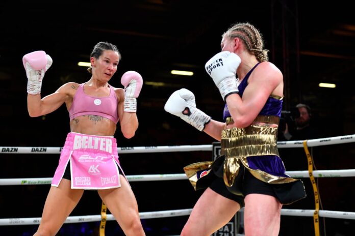 Terri Harper and Natalie Zimmermann during their bout at Doncaster Stadium