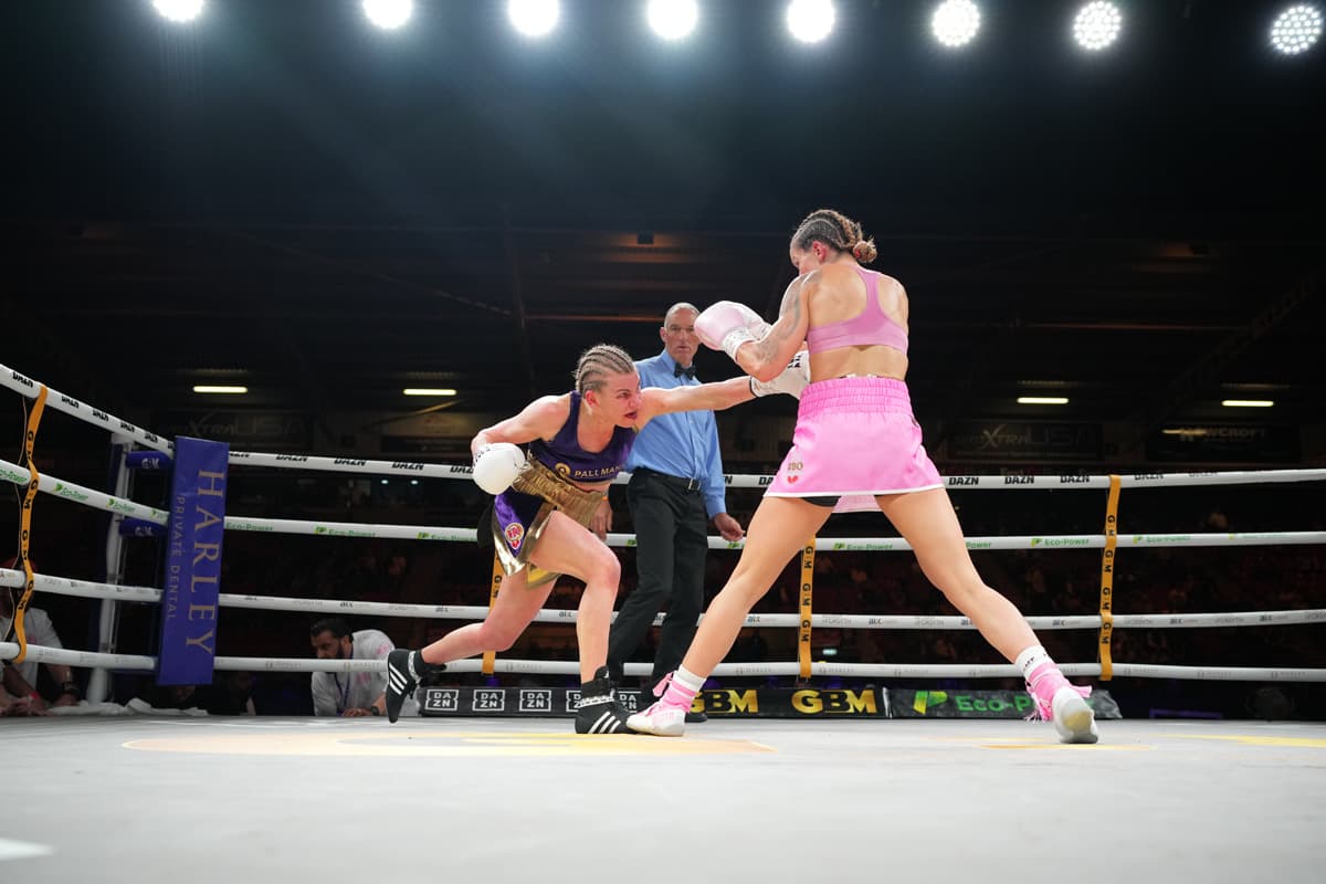 Natalie Zimmermann throws a punch during her bout against Terri Harper at Doncaster Stadium