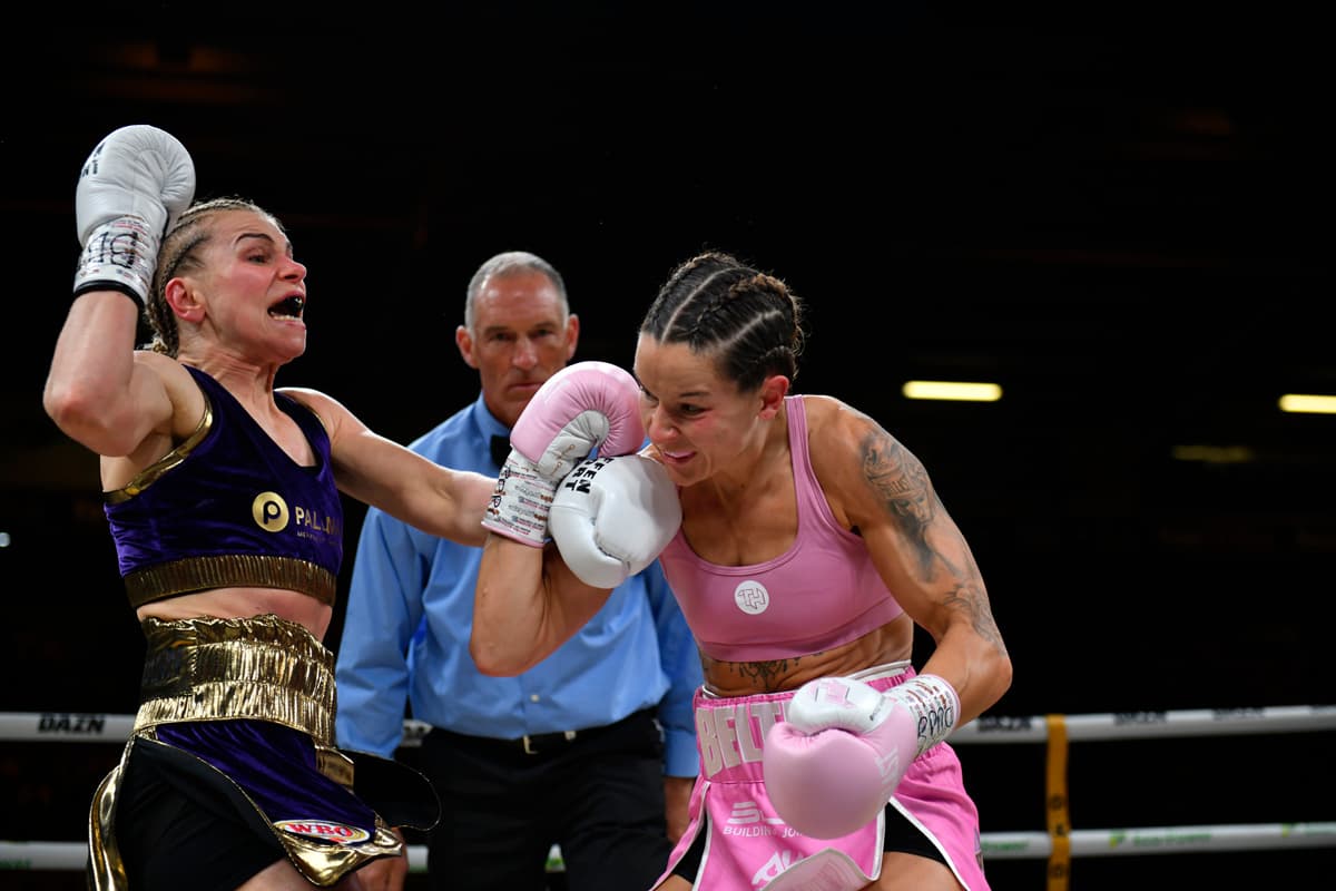 Natalie Zimmermann and Terri Harper during their bout at Doncaster Stadium