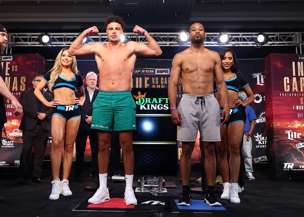 Patrick O'Connor and Marcus Smith at the weigh-in ahead of their boxing bout in Las Vegas
