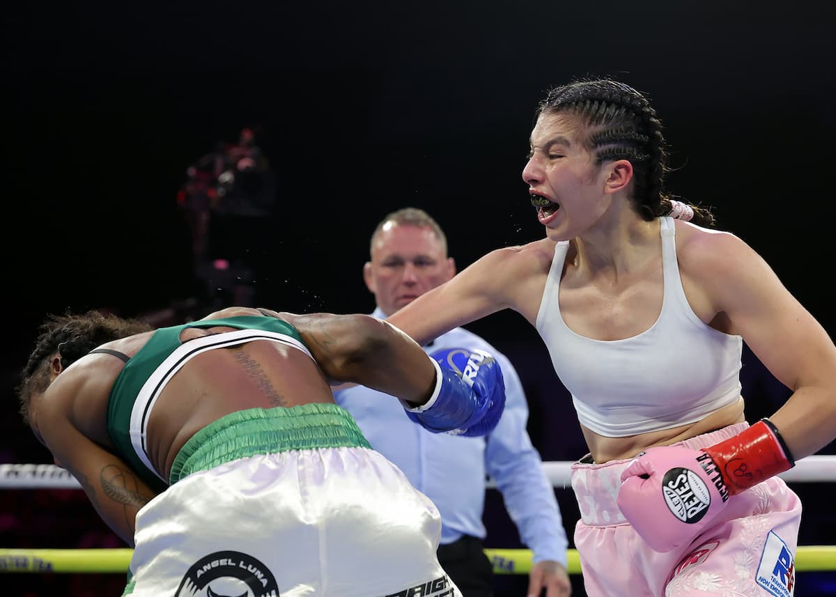 Perla Bazaldua punches Mona Ward during their boxing bout at Pechanga Arena San Diego