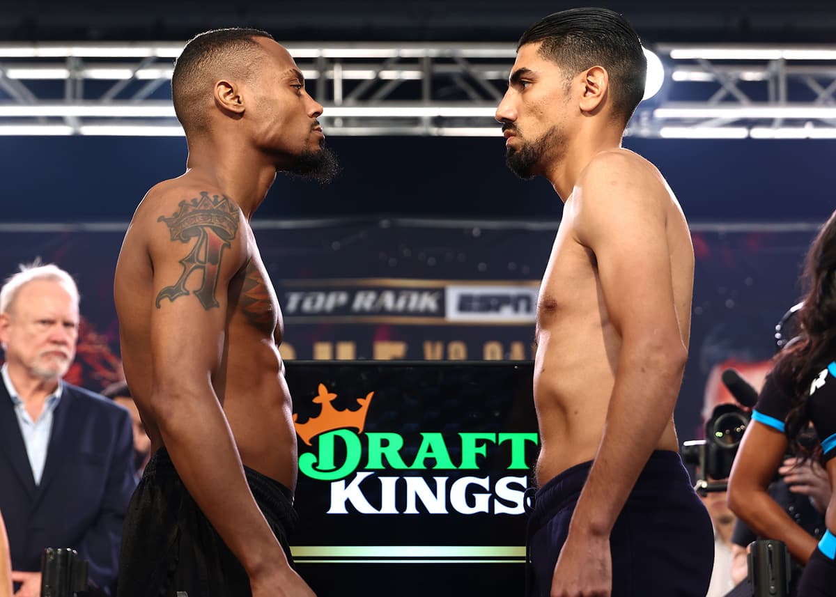 Raeese Aleem and Rudy Garcia at the weigh-in ahead of their boxing bout in Las Vegas