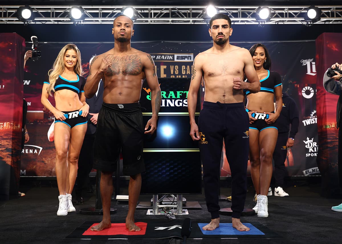 Raeese Aleem and Rudy Garcia at the weigh-in ahead of their boxing bout in Las Vegas