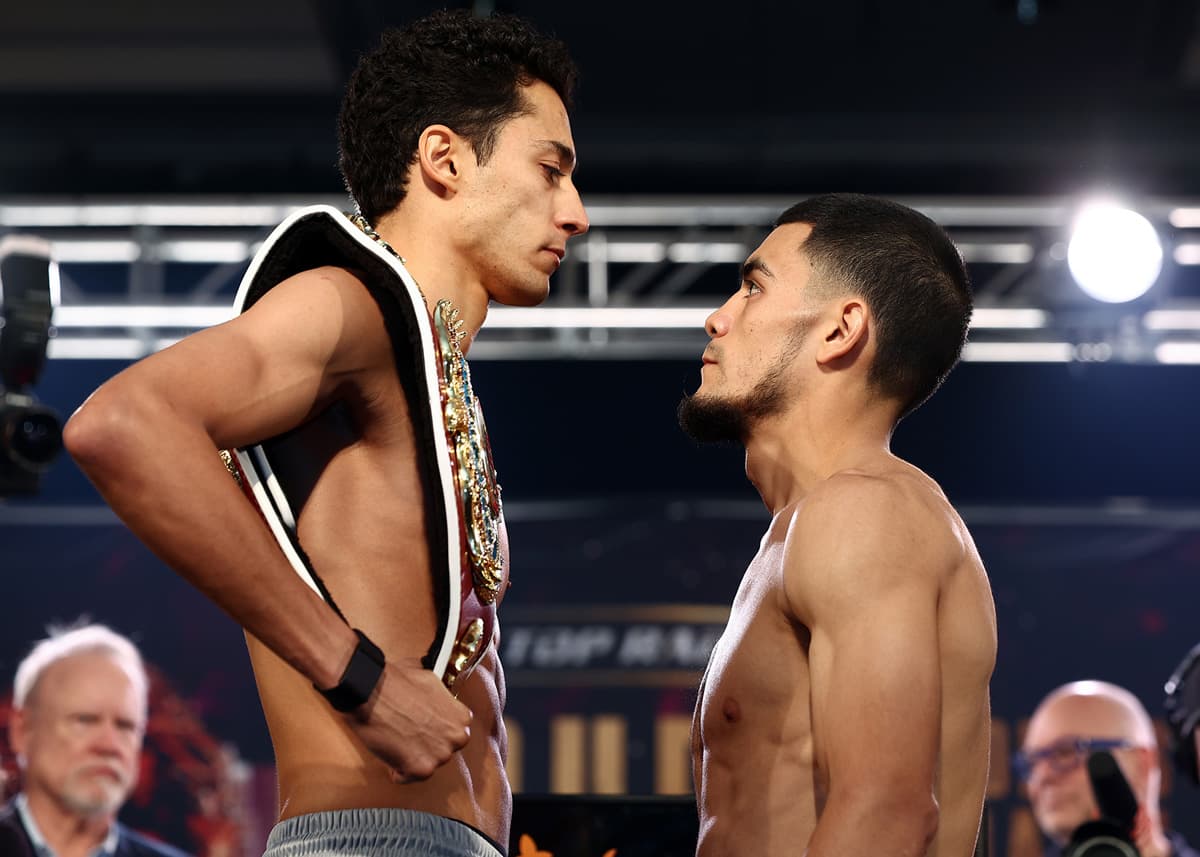 Rafael Espinoza and Edward Vazquez come face-to-face at the weigh-in ahead of their boxing bout in Las Vegas