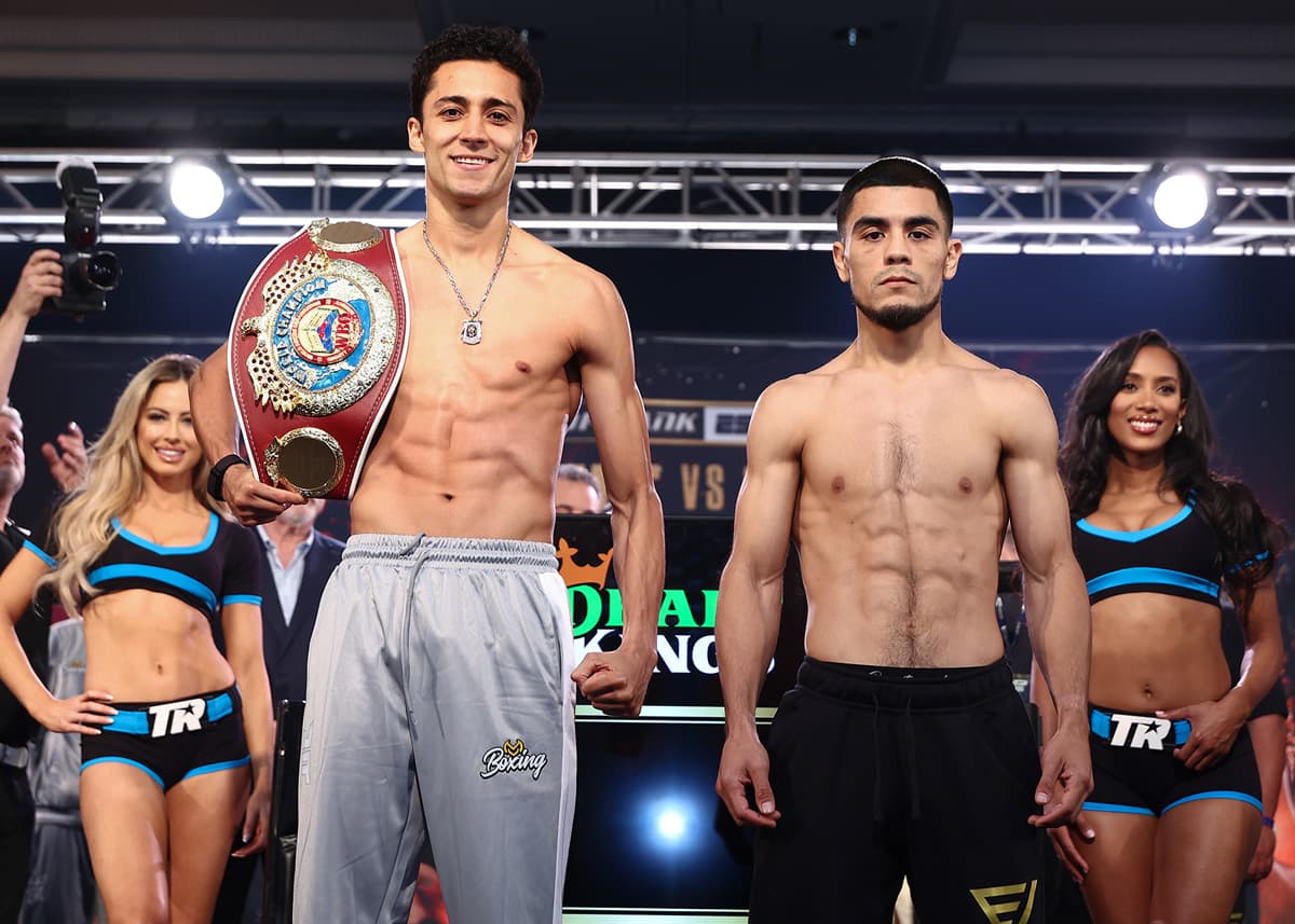 Rafael Espinoza and Edward Vazquez at the weigh-in ahead of their boxing bout in Las Vegas