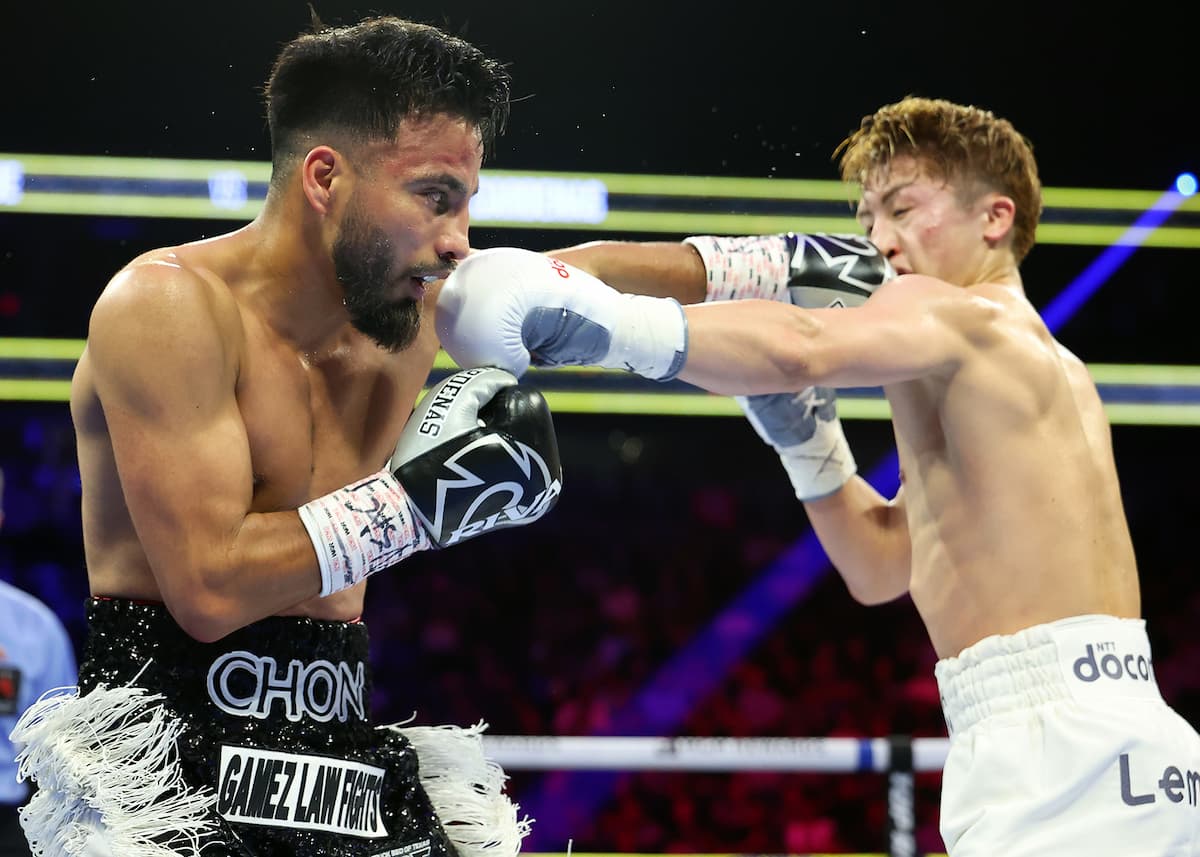 Ramon Cardenas and Naoya Inoue throw punches during their boxing bout in Las Vegas