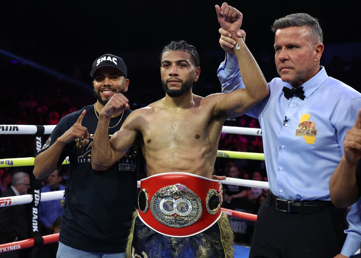 Raymond Muratalla victorious over Zaur Abdullaev in their boxing bout at Pechanga Arena San Diego