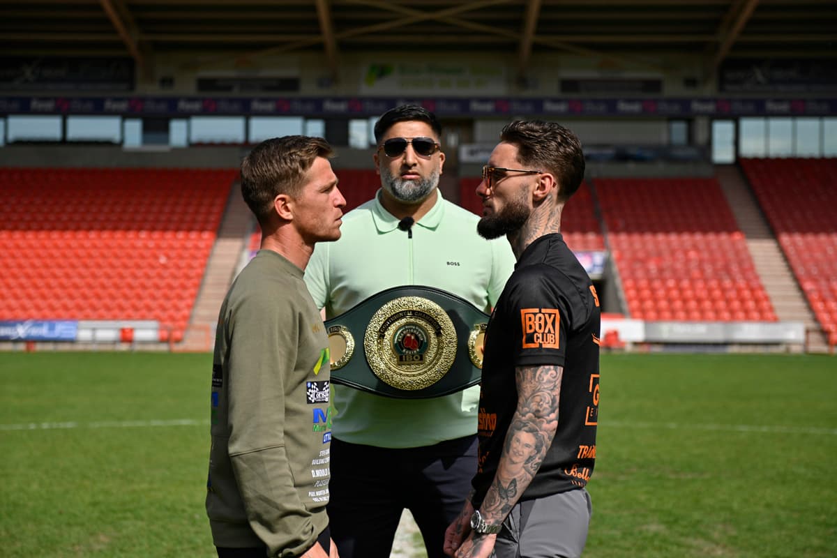 Reece Mould and Lewis Sylvester at Doncaster Stadium ahead of their boxing bout