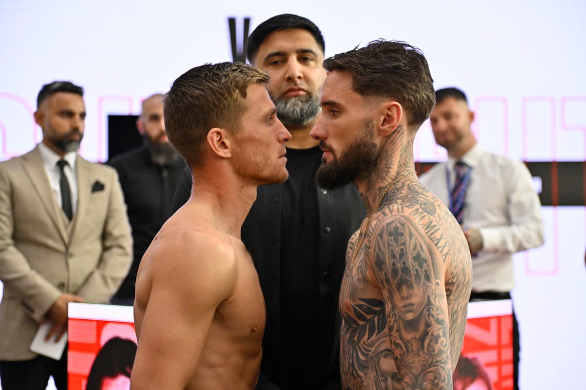 Reece Mould and Lewis Sylvester at the weigh-in ahead of their boxing bout in Doncaster