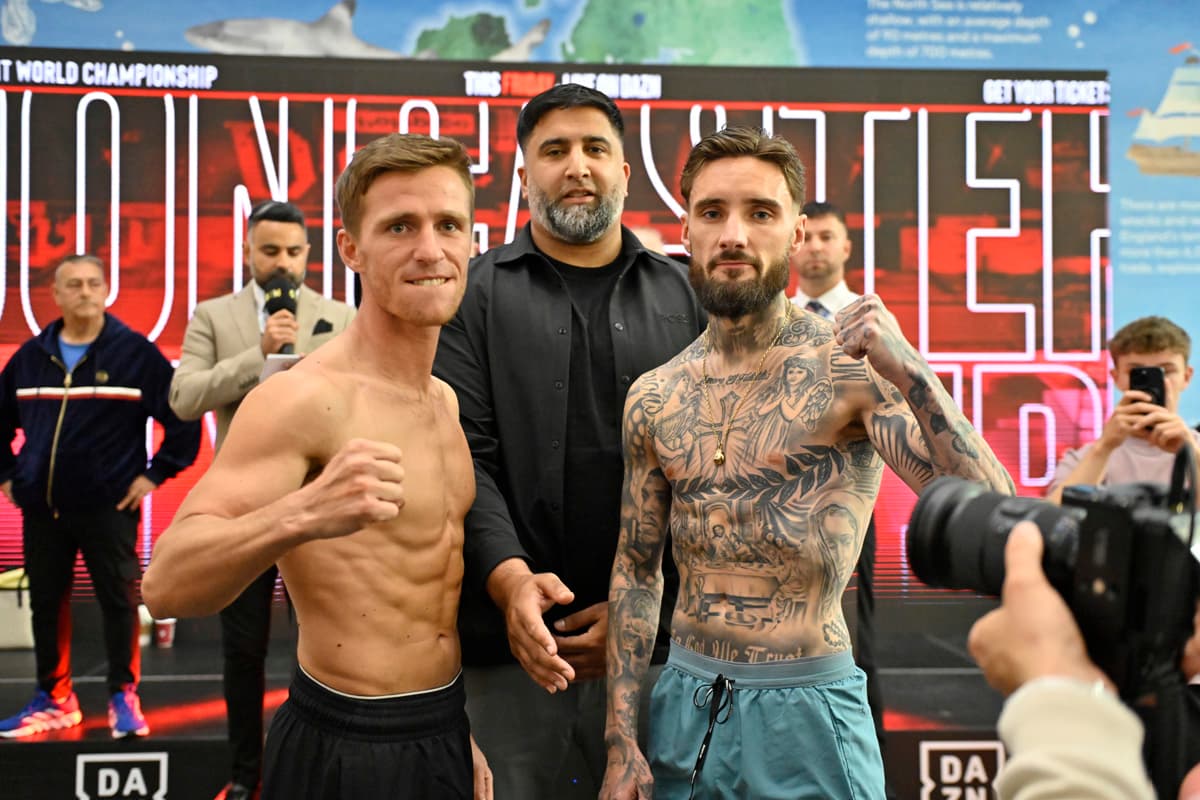 Reece Mould and Lewis Sylvester at the weigh-in ahead of their boxing bout in Doncaster