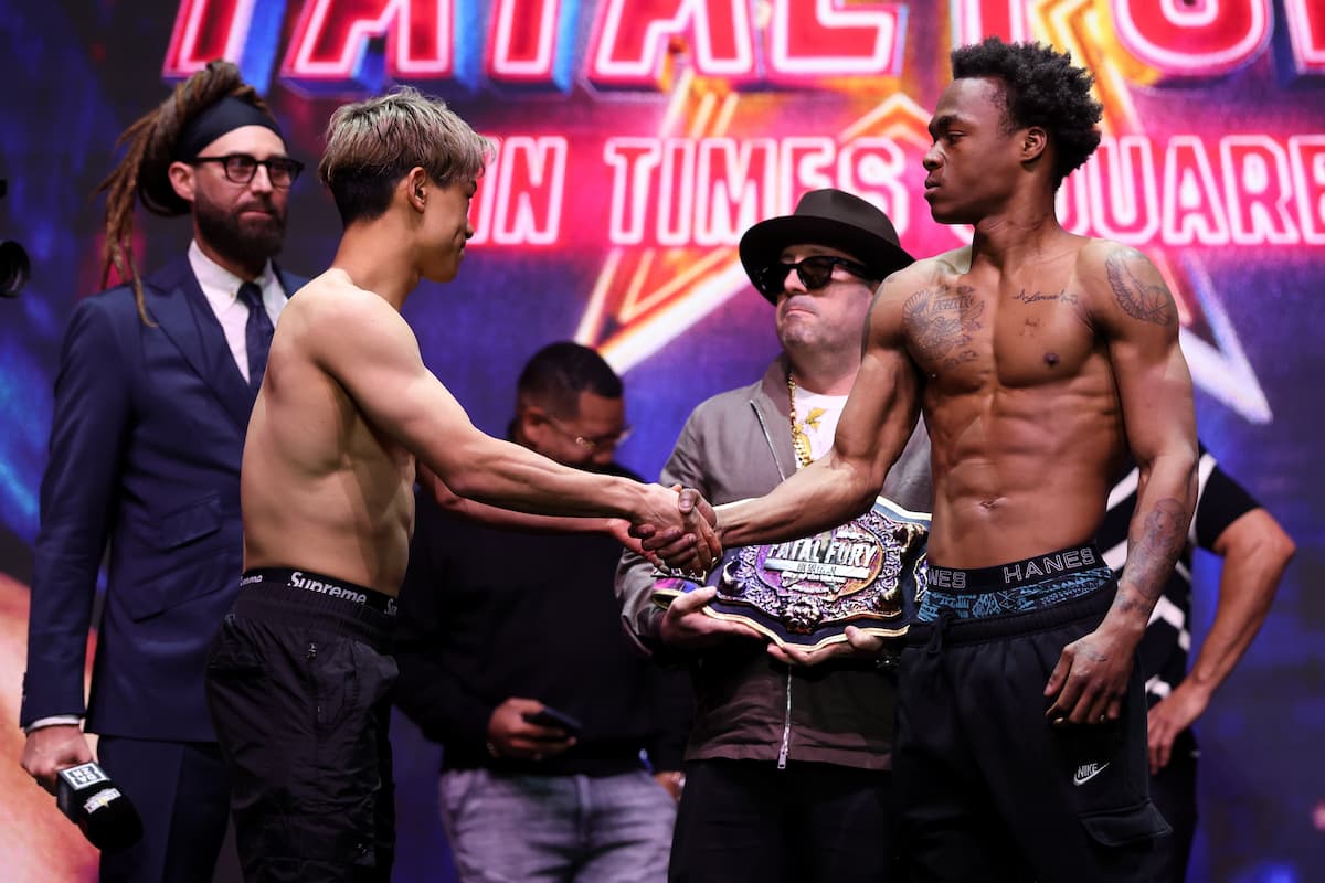 Reito Tsutsumi and Levale Whittington at the weigh-in ahead of their boxing bout