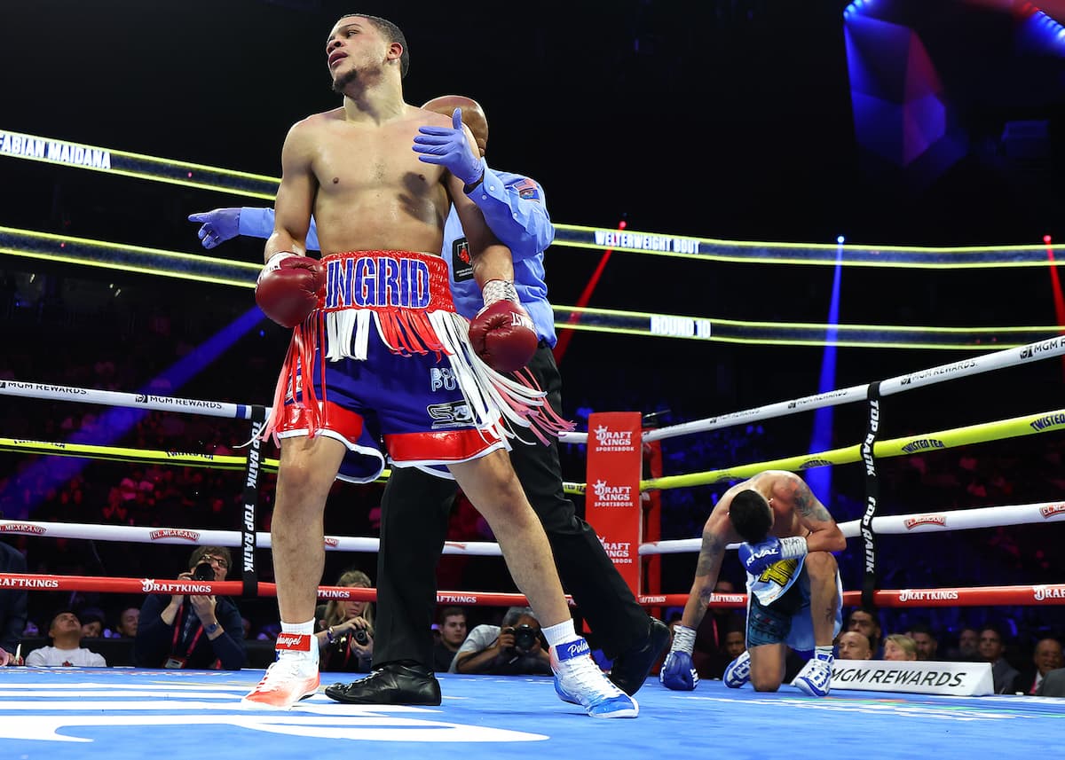 Rohan Polanco knocks down Fabian Maidana during their boxing bout in Las Vegas