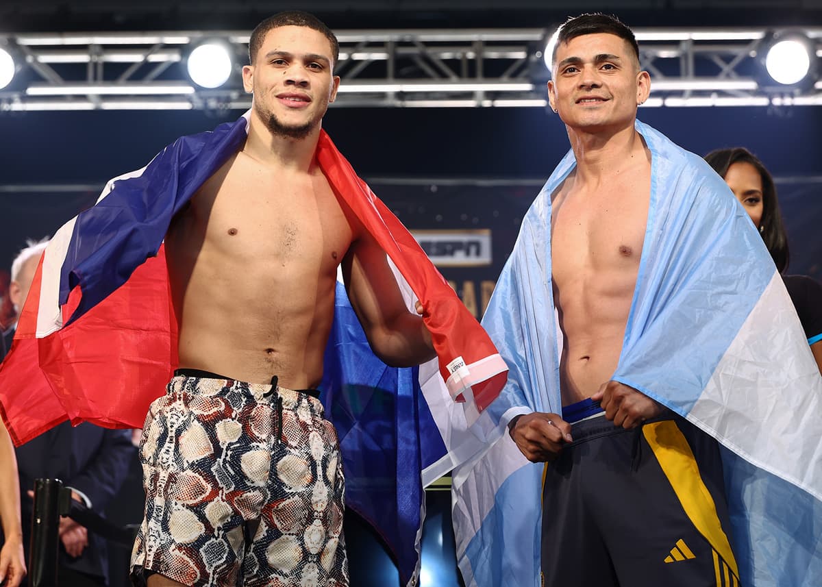 Rohan Polanco and Fabian Maidana at the weigh-in ahead of their boxing bout in Las Vegas