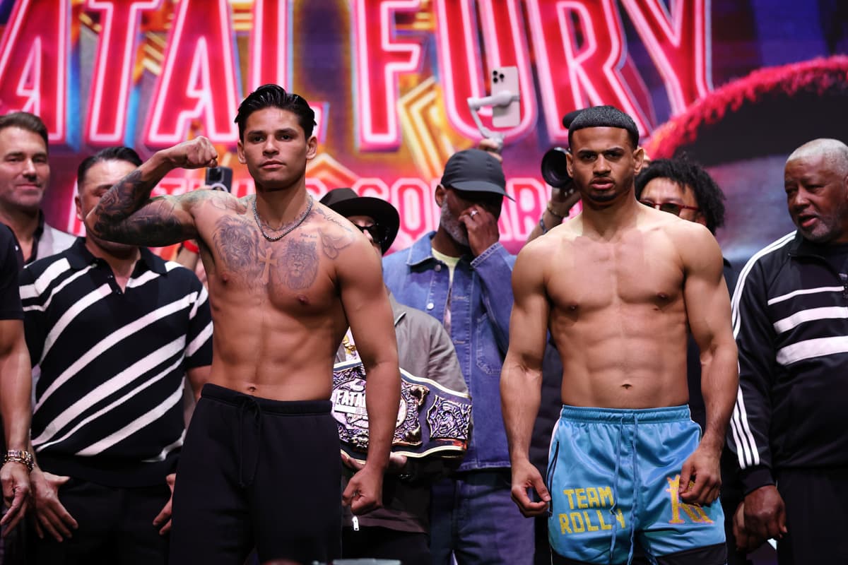 Ryan Garcia and Rolando Romero at the weigh-in ahead of their boxing bout