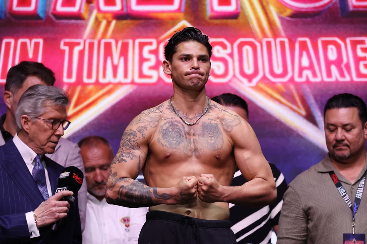 Ryan Garcia at the weigh-in ahead of his bout against Rolando Romero at Times Square in New York City