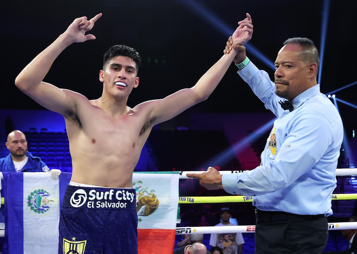 Samuel Contreras victorious over Dyllon Cervantes Alvarado in their boxing bout at Pechanga Arena San Diego