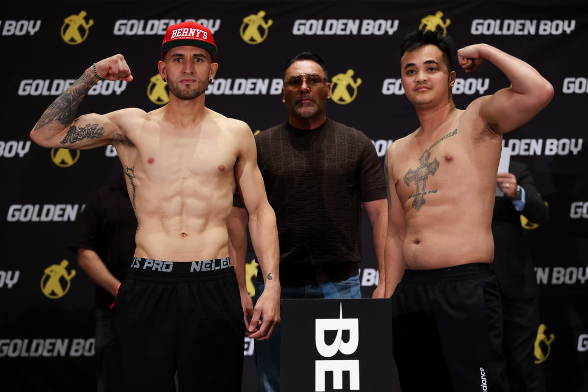 Santiago Dominguez and John Vincent Moralde during the weigh-in ahead of their boxing bout in Las Vegas