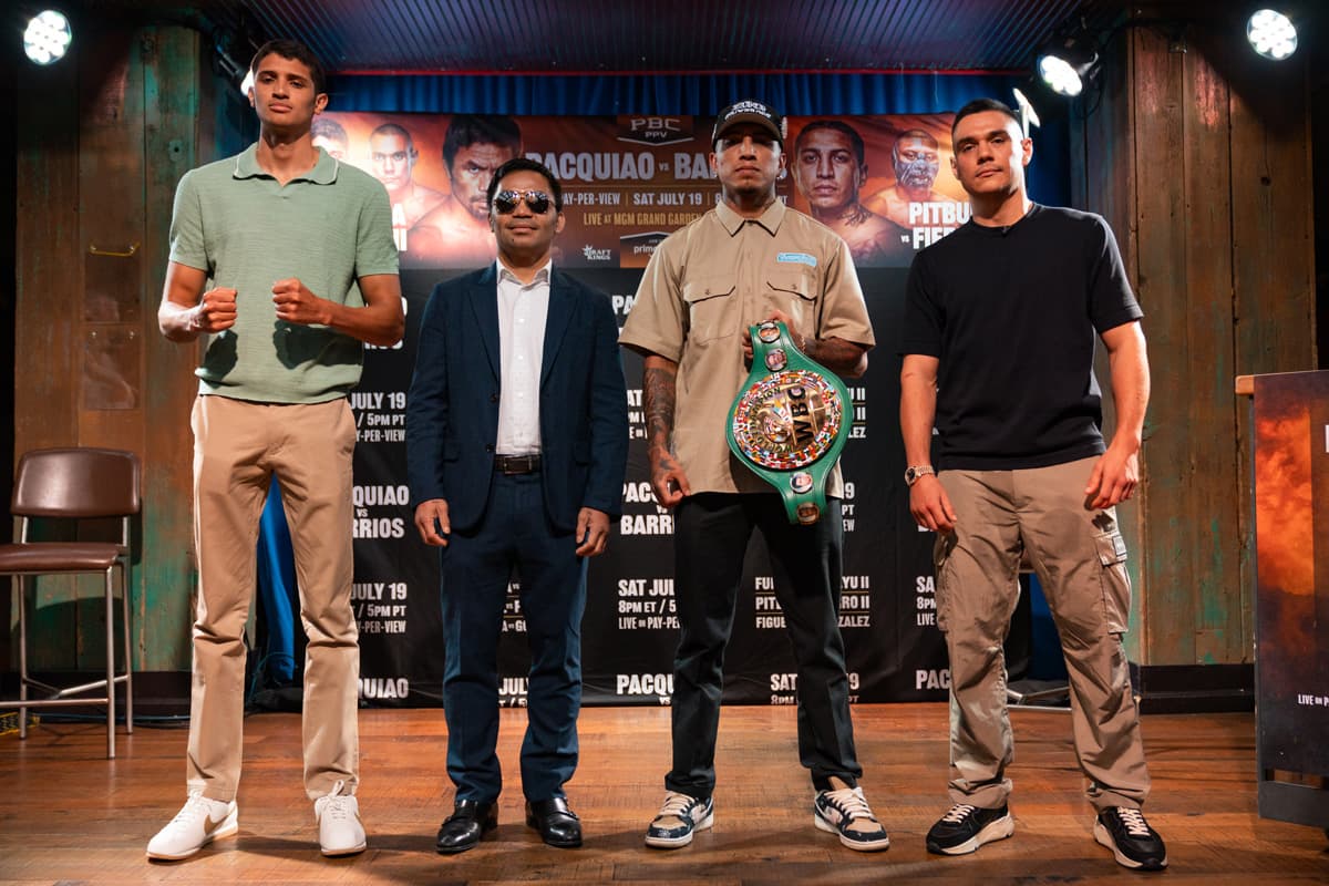 Sebastian Fundora, Mario Barrios, Manny Pacquiao, and Tim Tszyu at the press conference