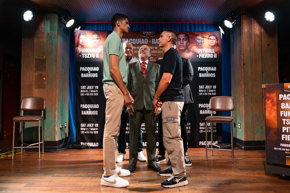Sebastian Fundora and Tim Tszyu face each other at the press conference