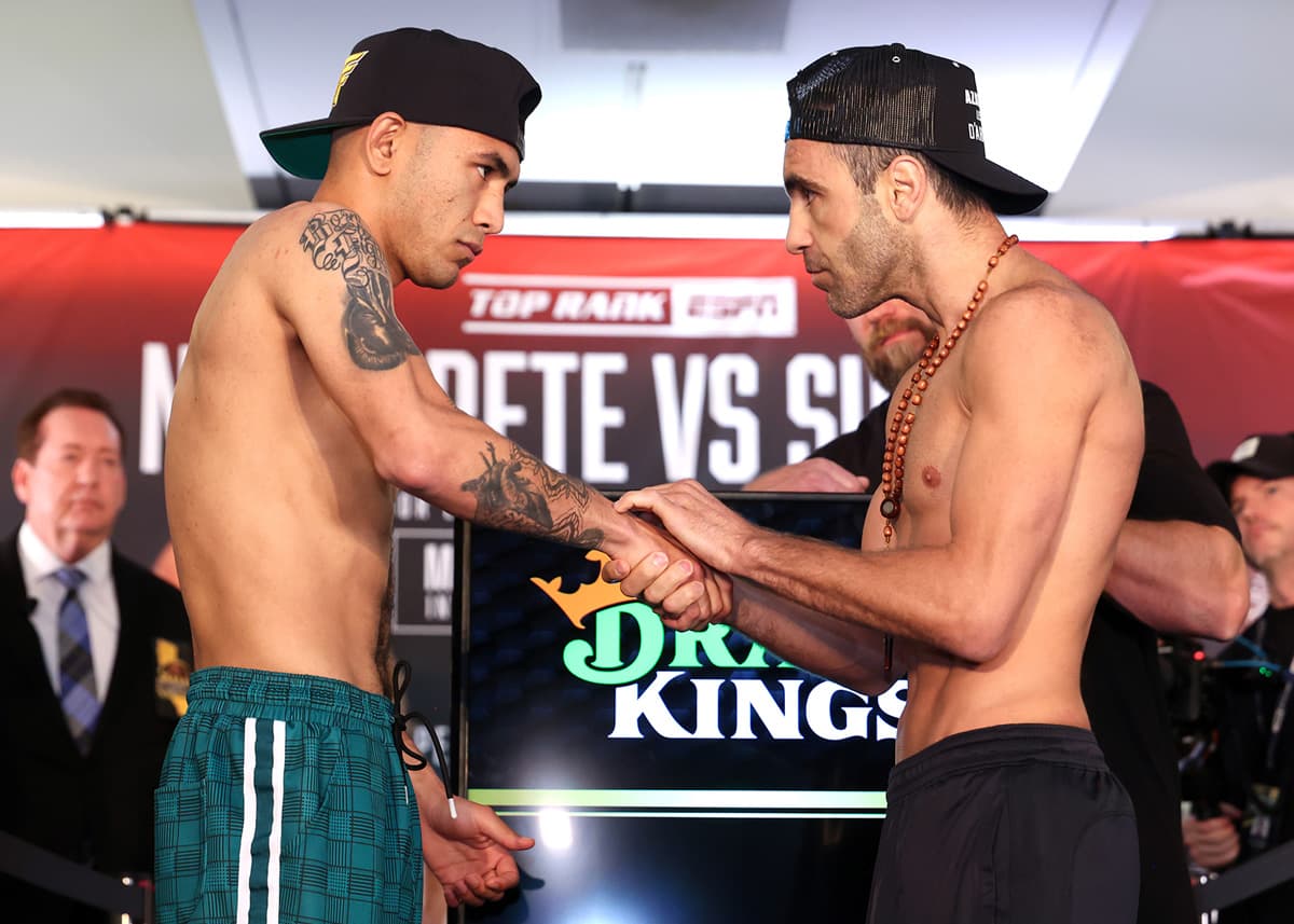 Sebastian Hernandez and Azat Hovhannisyan at the weigh-in ahead of their bout