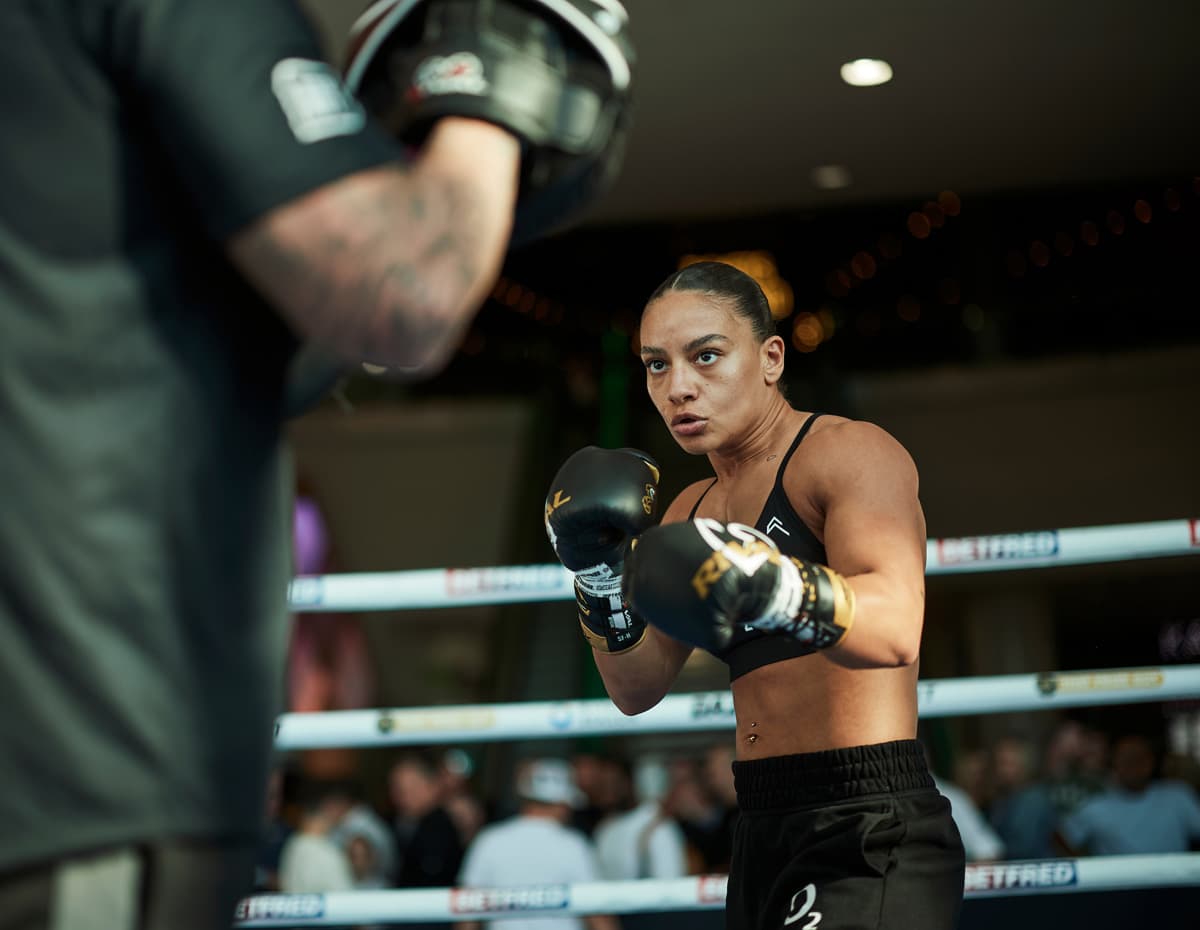 Shannon Ryan during a public workout in Romford, England ahead of her boxing bout against Fara El Bousairi