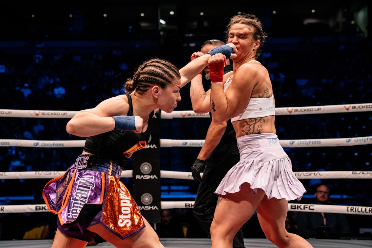 Shelby Cannon punches Kathryn Paprocki during their bout at BKFC 74 Salt Lake City