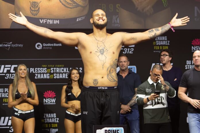Tallison Teixeira during the UFC 312 ceremonial weigh-in in Sydney