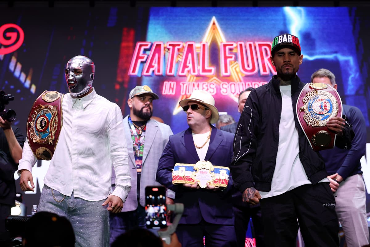 Teofimo Lopez and Arnold Barboza Jr at the press conference ahead of their boxing bout