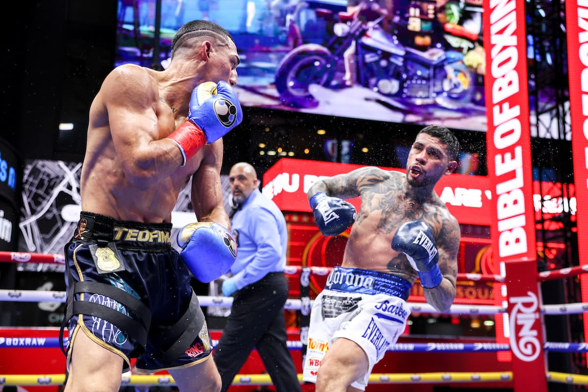 Teofimo Lopez and Arnold Barboza Jr during their bout at Times Square in New York City