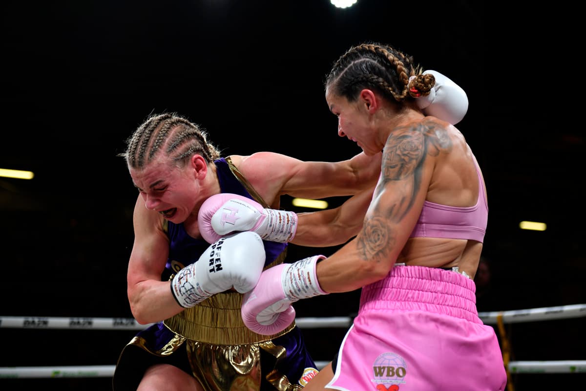 Natalie Zimmermann and Terri Harper during their bout at Doncaster Stadium