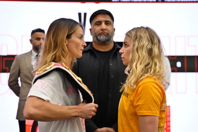 Terri Harper and Natalie Zimmermann come face-to-face at the weigh-in, ahead of their boxing bout at Doncaster Stadium