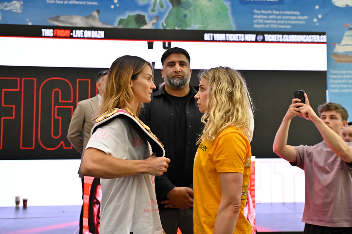 Terri Harper and Natalie Zimmermann at the weigh-in ahead of their boxing bout in Doncaster