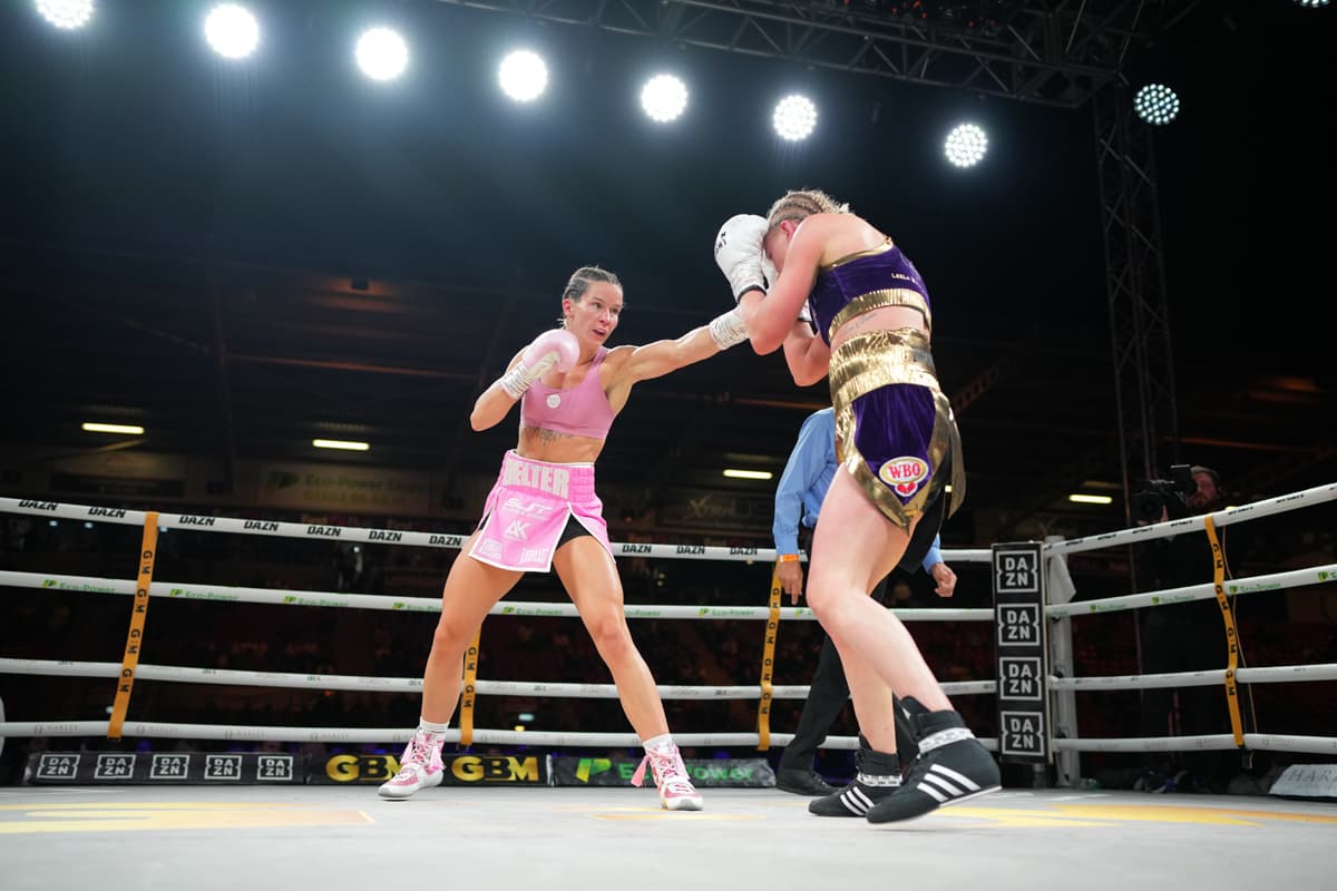 Terri Harper throws a jab during her bout against Natalie Zimmermann at Doncaster Stadium