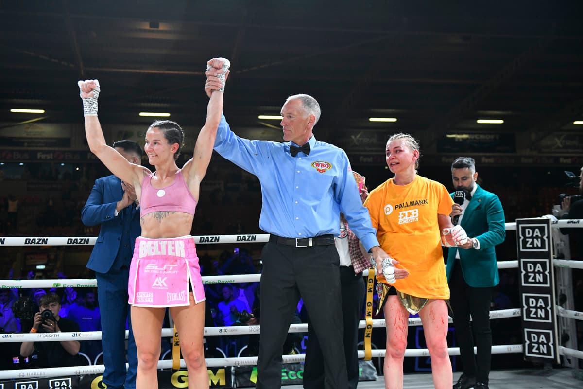 Terri Harper victorious over Natalie Zimmermann during their bout at Doncaster Stadium