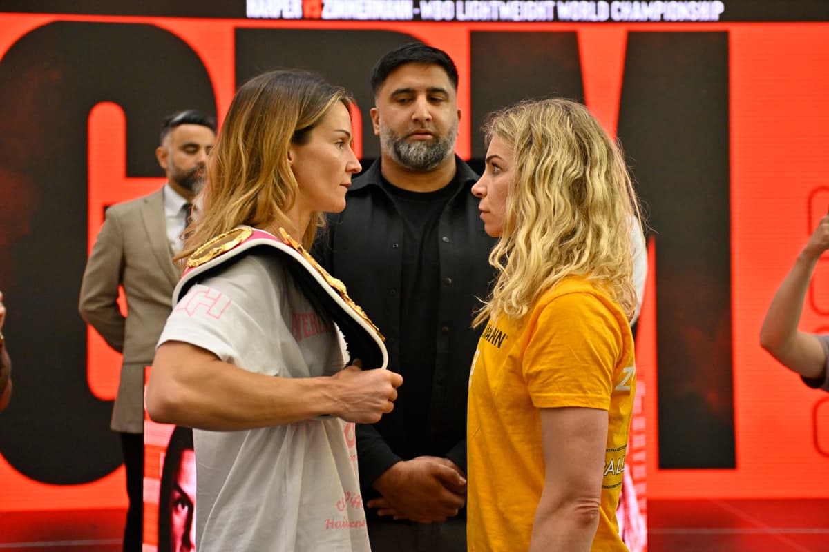 Terri Harper and Natalie Zimmermann at the weigh-in ahead of their boxing bout in Doncaster