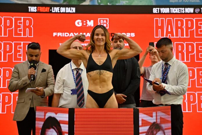Terri Harper at the weigh-in, ahead of her boxing bout against Natalie Zimmermann in Doncaster